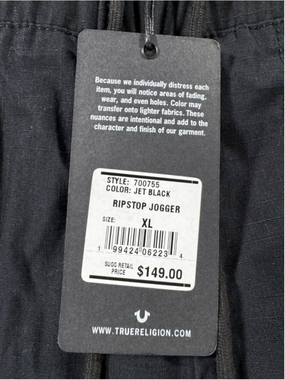 True Religion Jet Black Ripstop Jogger XL with Hook and Loop Pockets